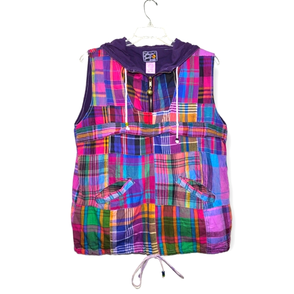 JouJou America's Favorite Vintage Multicolor Plaid Sleeveless Hoodie Large
